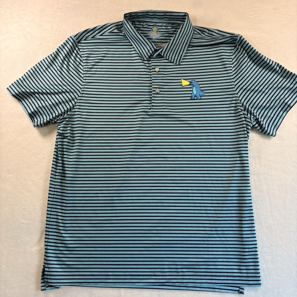 Chubbies Polo Shirt Mens L Blue Stripe Dino Print Performance Stretch Golf